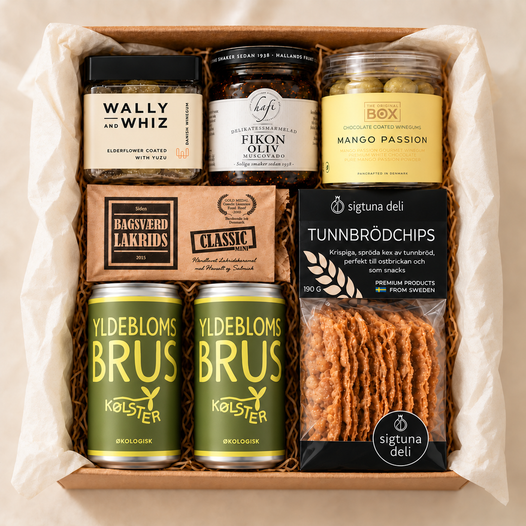 Nordisk Smagekurv uden alkohol med hyldeblomstbrus og Sigtuna brødchips 190 g