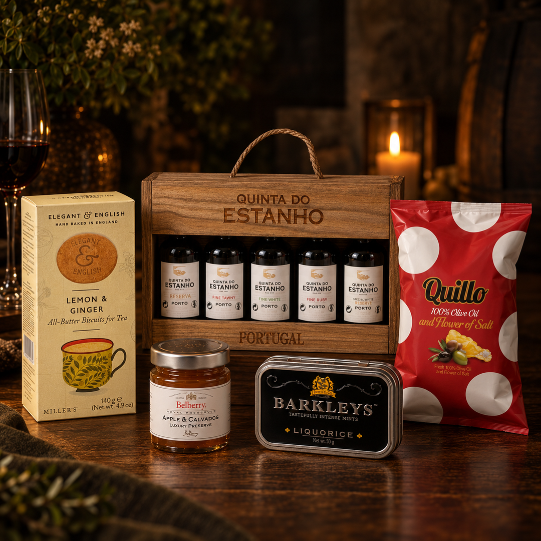 Portvinssmagning med Sødt &amp; Salt - fem små portvine, kiks, marmelade, lakrids og Quillo chips