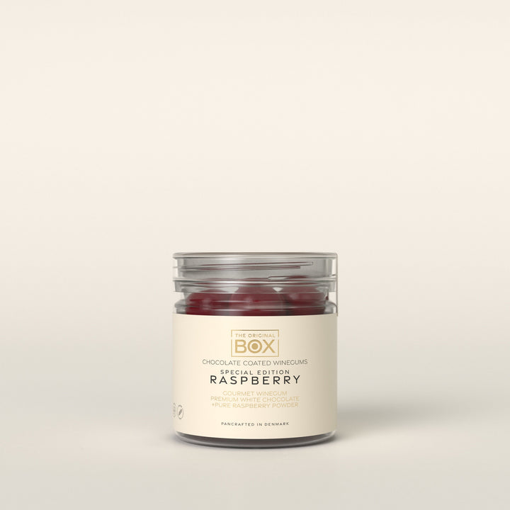 Raspberry Small Tube – vingummi med hvid chokolade og hindbær fra Box The Original