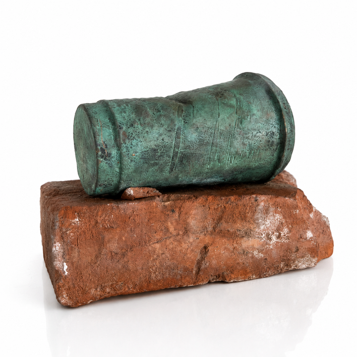 Skulptur af sammenkrøllet engangskop i kobber med grøn patina, liggende på mursten