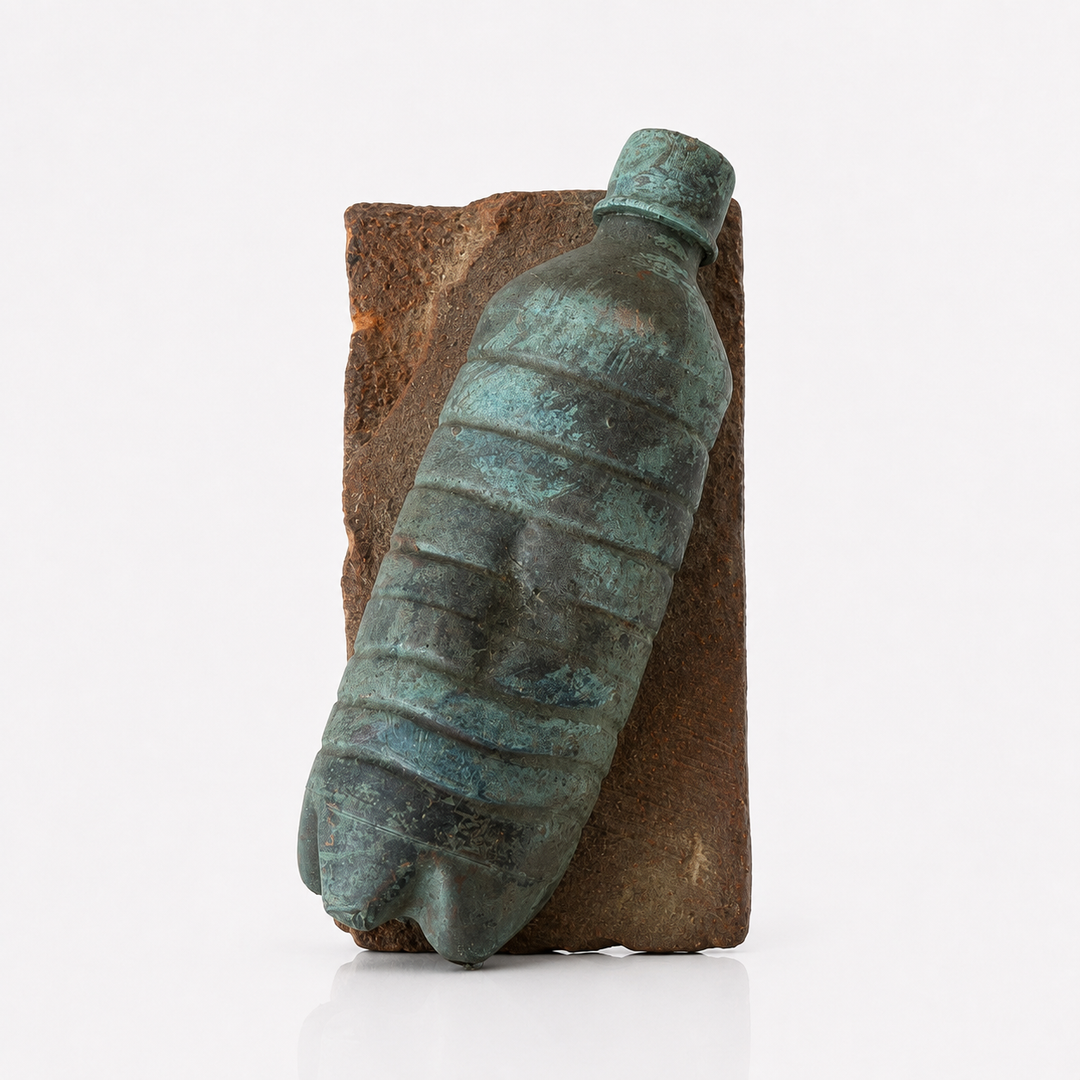 Skulptur af sammenkrøllet vandflaske i kobber med grøn patina, monteret på mursten