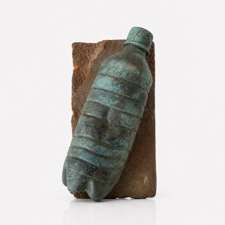 Skulptur af sammenkrøllet vandflaske i kobber med grøn patina, monteret på mursten