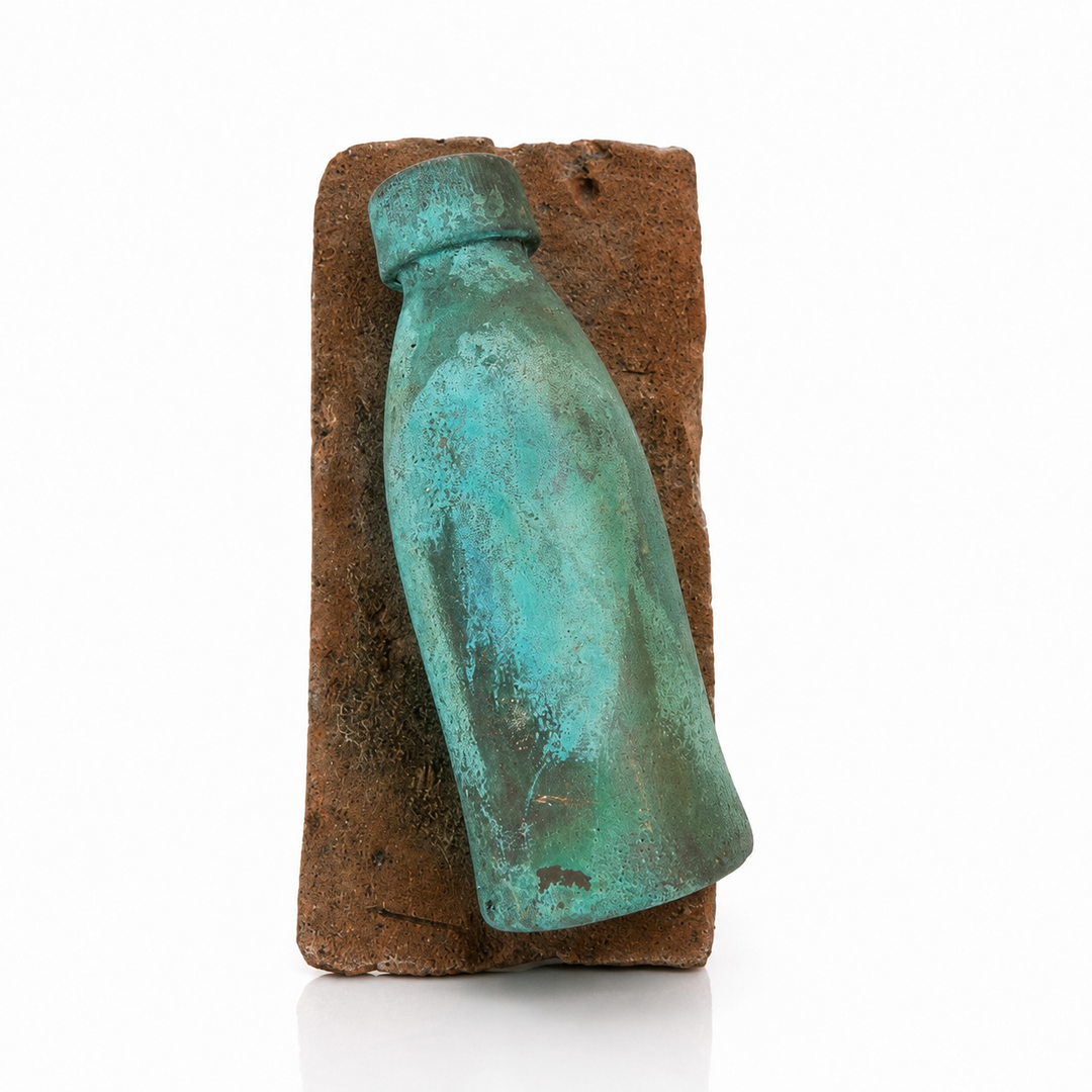 Skulptur af drikkeyoghurtflaske i kobber med turkis patina, rejst op mod mursten
